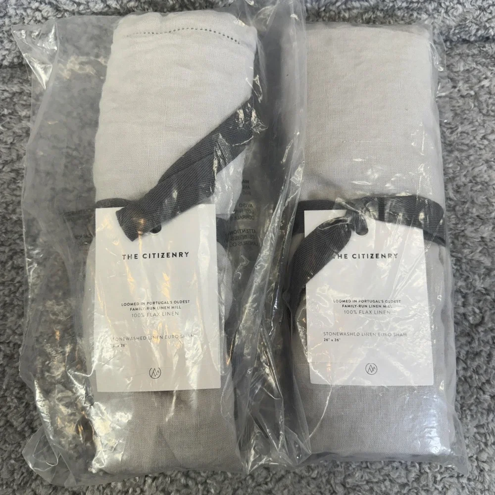 The Citizenry Stonewashed Linen Euro Shams, Light Grey, Set of 2, 26x26 NWT